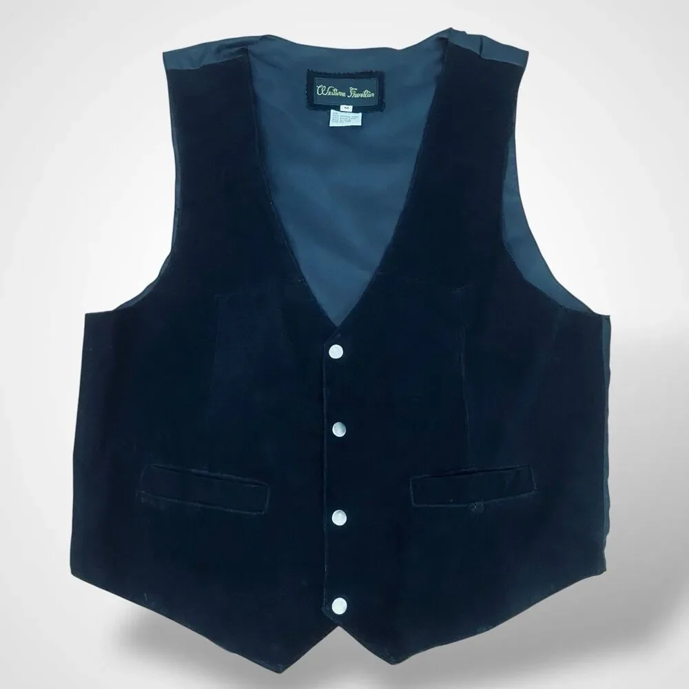 Vintage Western Frontier Snap Vest Men's M Genuine Suede Leather Black Pockets - Picture 1 of 6